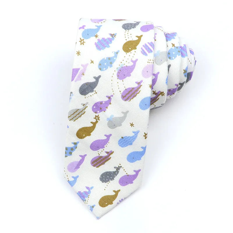 Narrow Korean style cotton bow tie with cartoon print pattern in various colour options