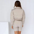 Women's loose fit polyester jacket in blue, grey, black, and milky white colours with long sleeves