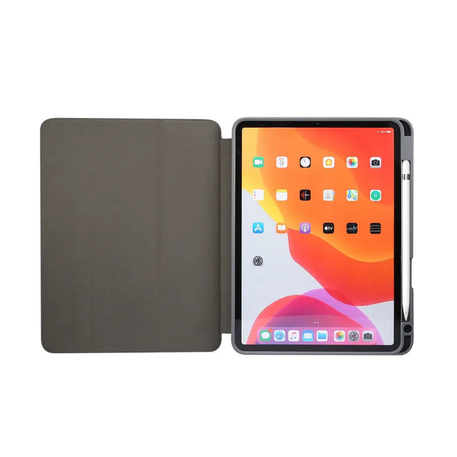 Tri-fold marbling imitation leather iPad case with a visible Apple Pencil slot, shown in dark grey.