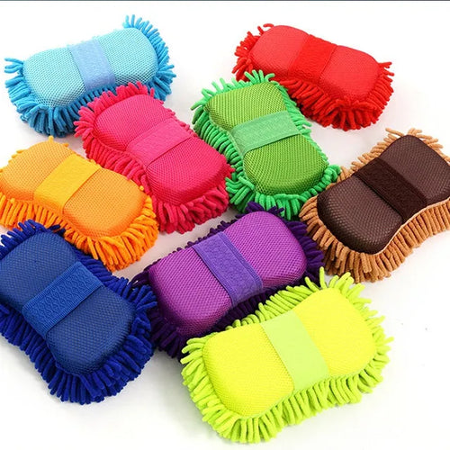 Silver green car wash sponge block measuring 14cm by 25cm with microfiber chenille construction