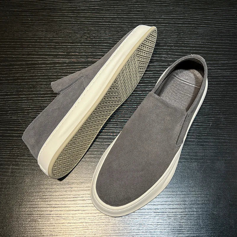 Men's grey and apricot casual shoes with round toe, PU leather upper and rubber sole