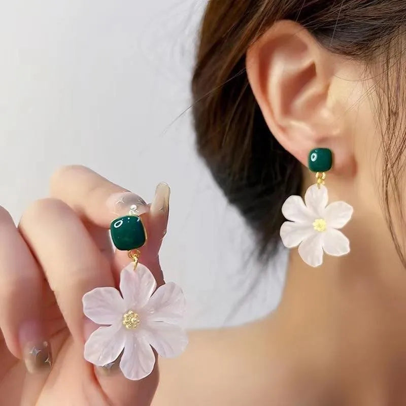 Dark green alloy needle flowers sweet earrings with drop style dangle design