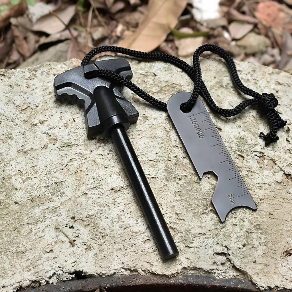 Butterfly-shaped stainless steel survival tool with a fire starter rod and integrated bottle opener.