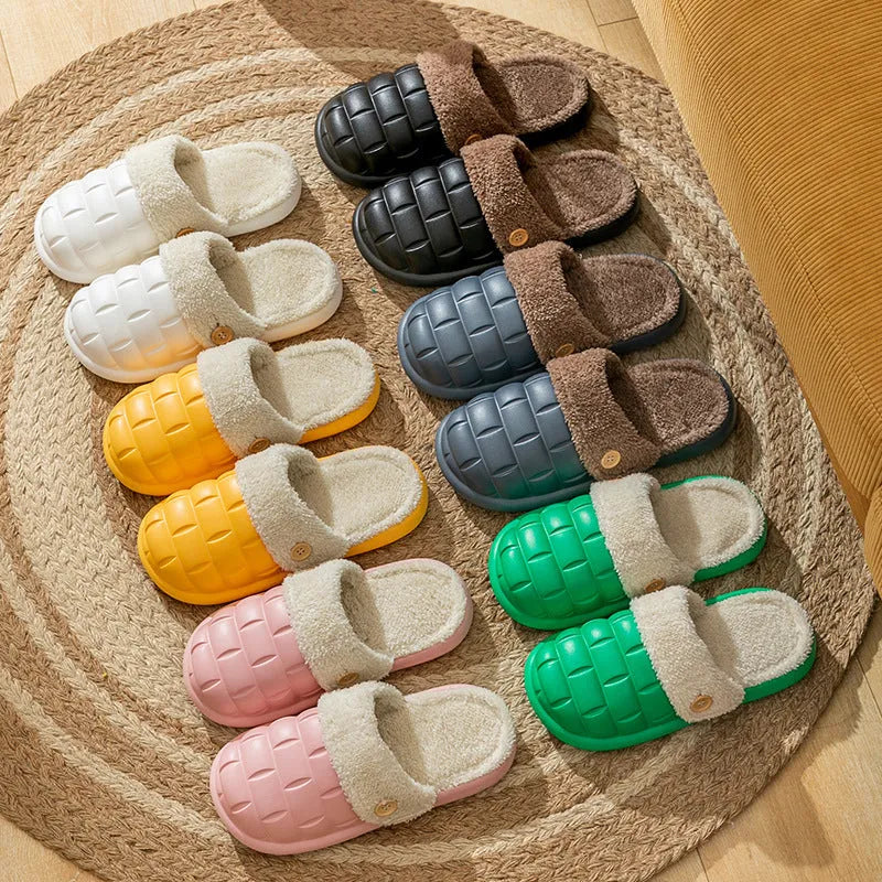 Women's EVA plush house slippers with detachable sleeves in pink, showing slip-on and overshoe wearing modes