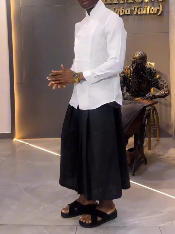 Women's white asymmetric front long sleeve shirt and black pleated trousers casual set