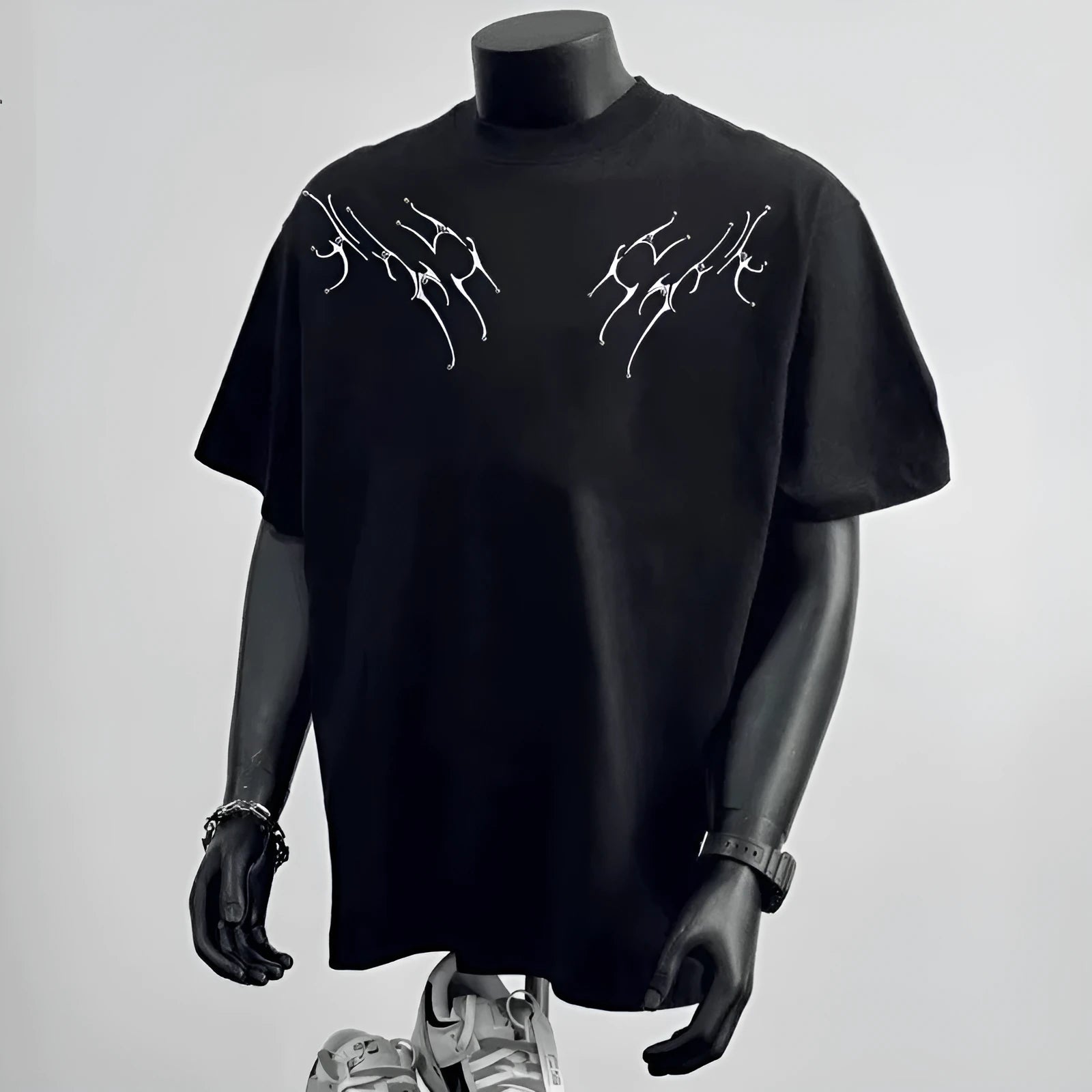 Men's black loose cotton short sleeve t-shirt with white letter print on front