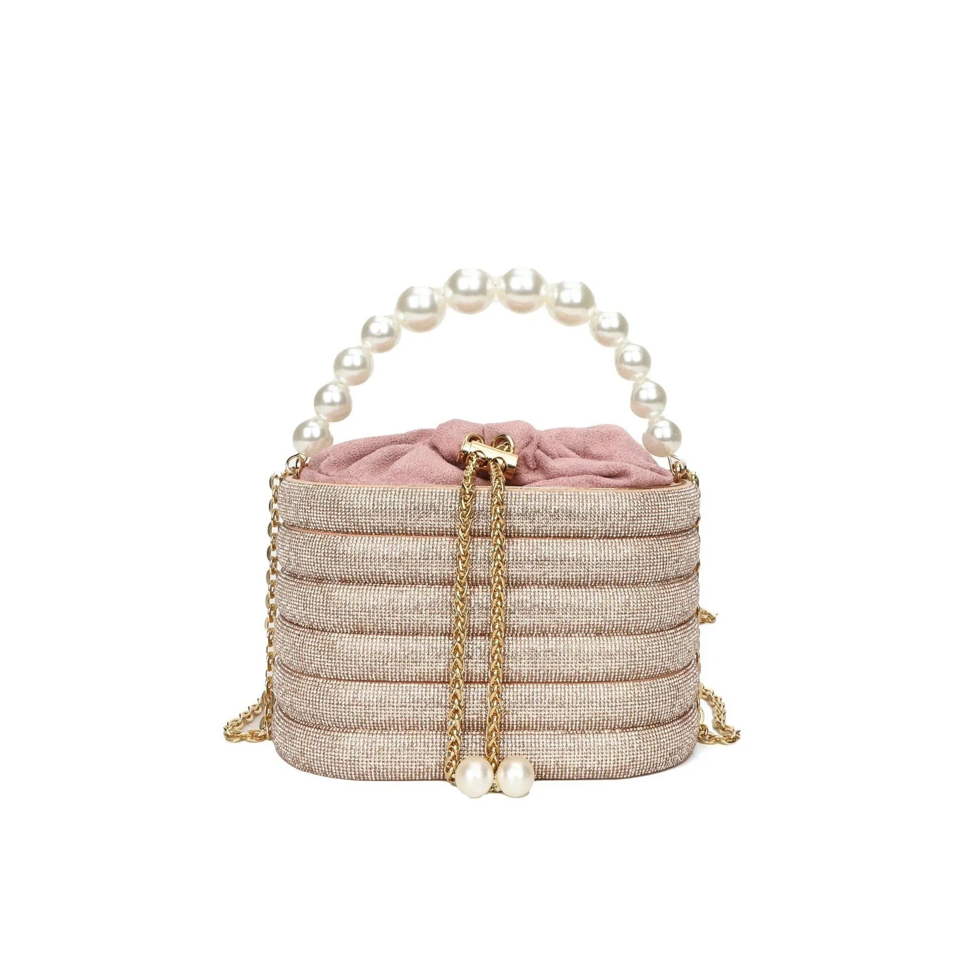 Retro style women's crossbody bag with pearl beading decoration and round shape