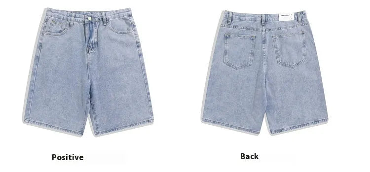 Man modelling light blue denim shorts with a straight-leg cut and zip fly, shown from the front.