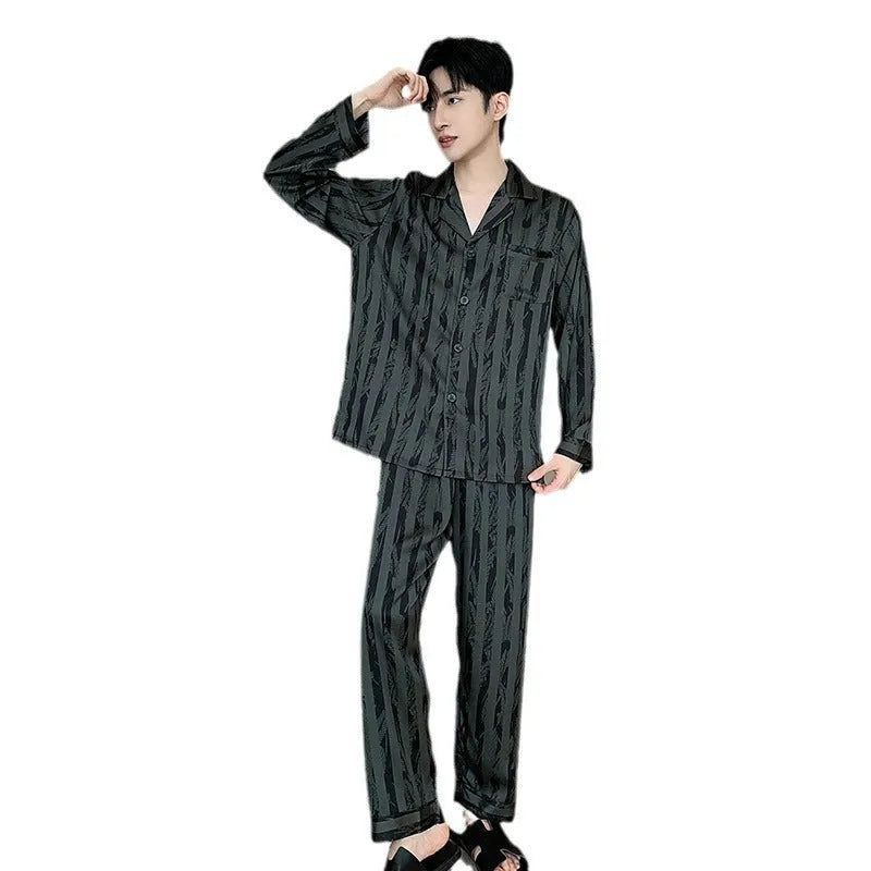 Black striped ice silk men's pajama set with long sleeve V-neck top and thin trousers.