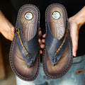 Men's plus size herringbone pattern outdoor slippers in dark blue and khaki with leather lining