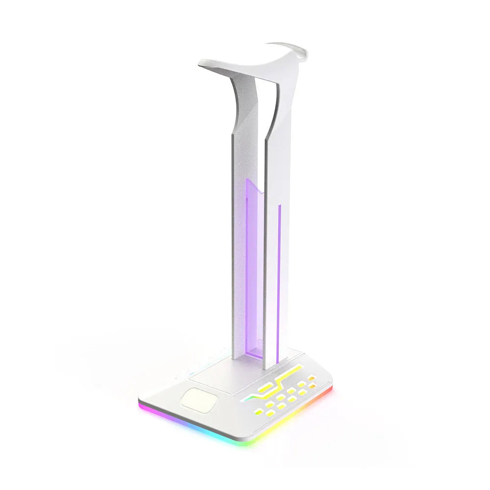 Acrylic RGB headset display stand with dual USB ports and colour-changing lights, holding a pair of headphones.