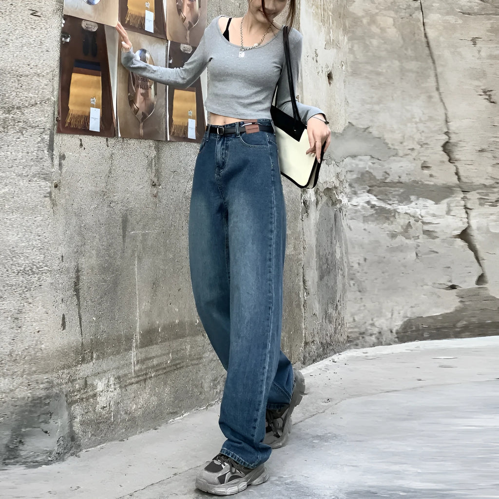 Women's retro blue straight leg jeans with high waist and non-stretch cotton denim fabric in three length variations