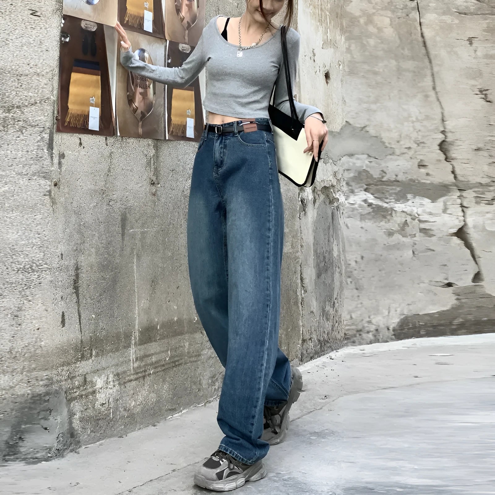 Women's retro blue straight leg jeans with high waist and non-stretch cotton denim fabric in three length variations