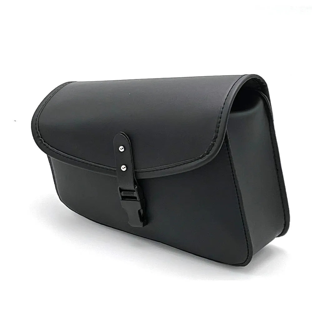 Black PU leather motorcycle swingarm bag mounted to Sportster motorcycle showing dimensions and storage capacity
