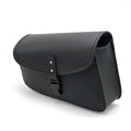 Black PU leather motorcycle swingarm bag mounted to Sportster motorcycle showing dimensions and storage capacity