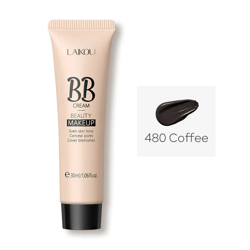 30ml tube of BB cream showing the nine available colour shades from ivory white to brown.