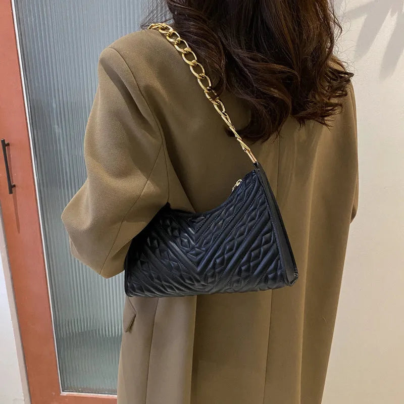 PU pleated chain baguette shoulder underarm bag in vertical square shape with adjustable strap