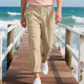 Men's straight leg linen trousers with drawstring waist in light khaki colour
