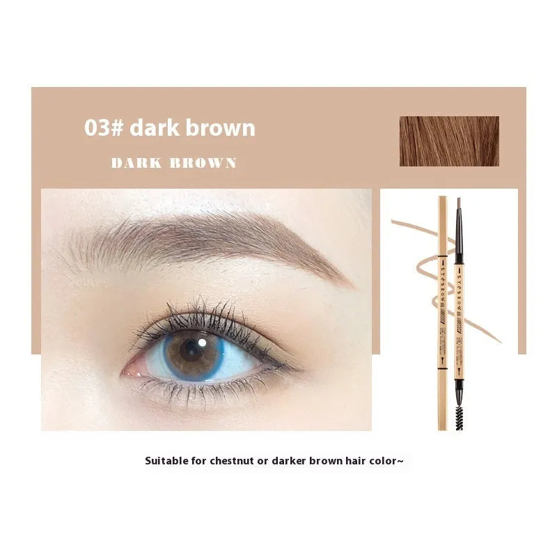 Gold chopsticks design ultra-fine eyebrow pencil in a display of five shades: light brown, kaki brown, dark brown, grey black, and black.