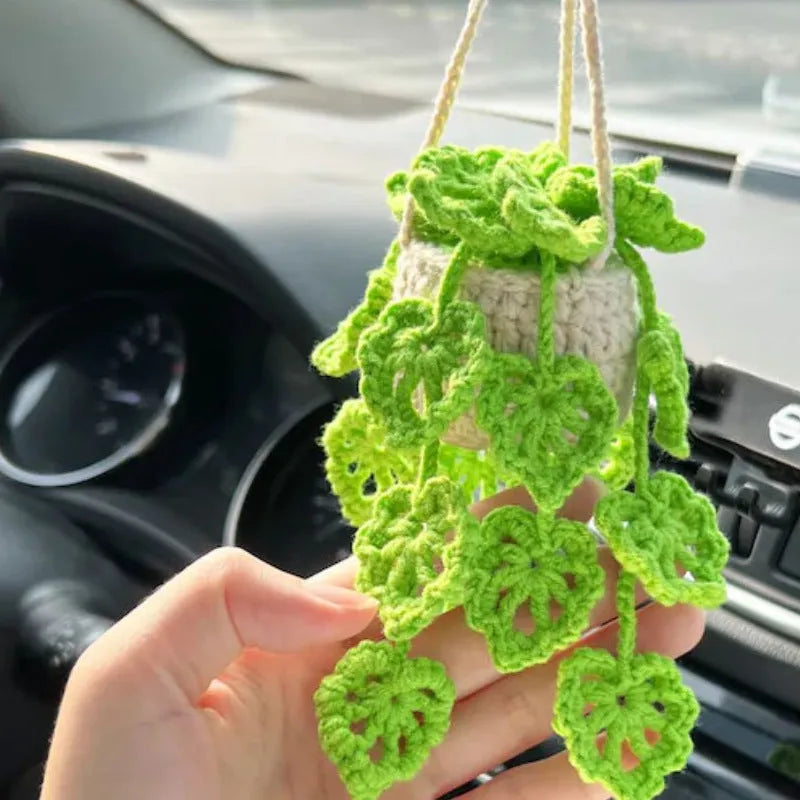 Green and white knitted wool car plant decoration with white hanging rope.