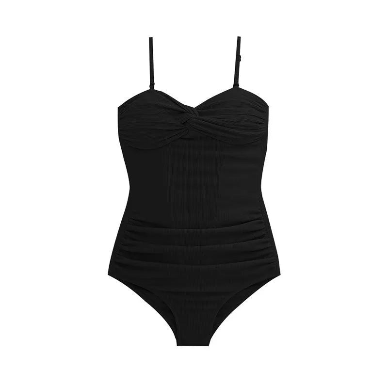 Women's black suspender-style one-piece swimsuit with high waist and push-up support