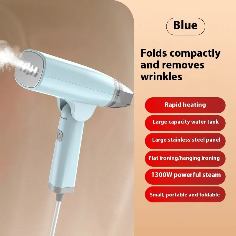 Blue and white handheld garment steamer with compact design and water tank for household clothes care
