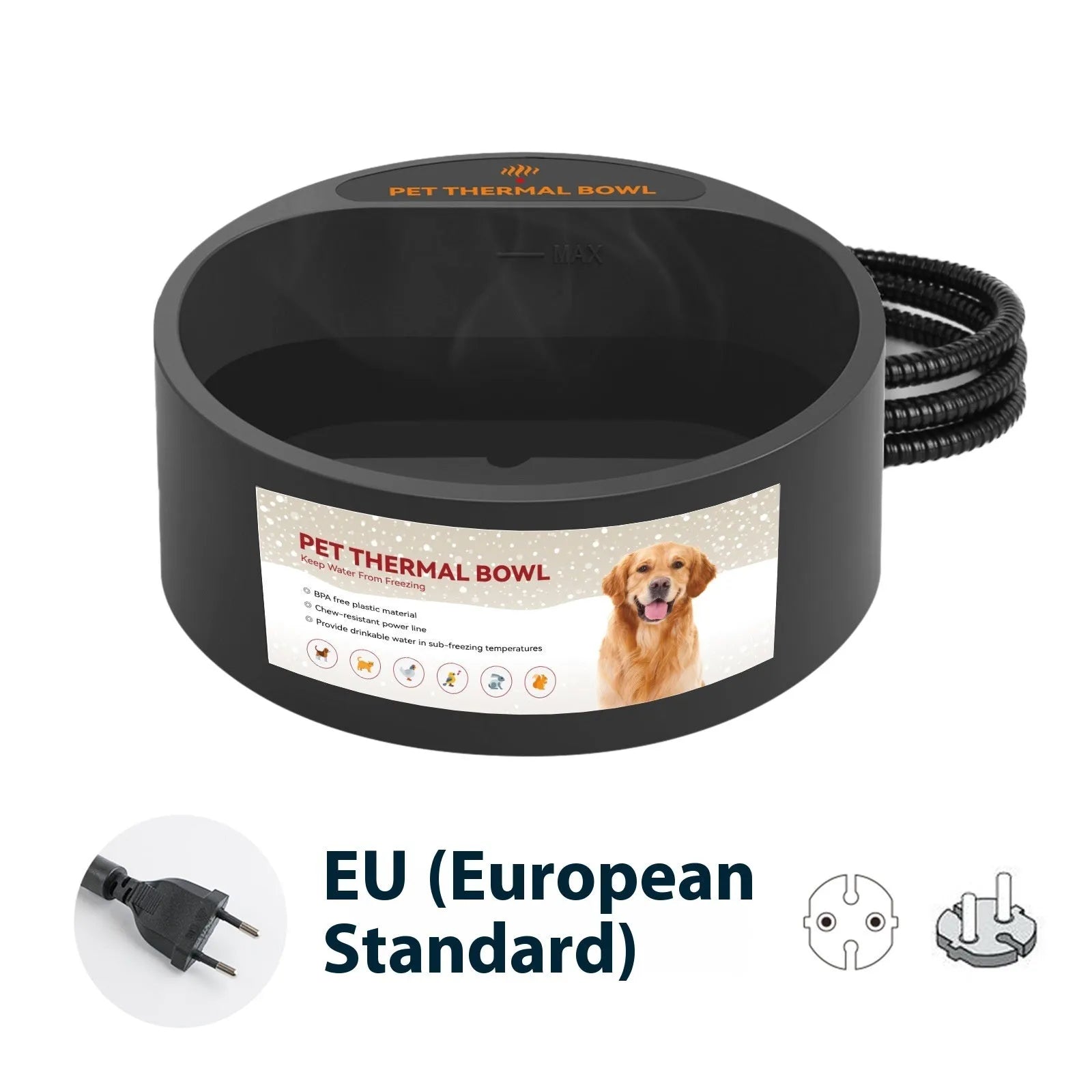 Black ABS pet heating bowl with 2.2L capacity and constant temperature function