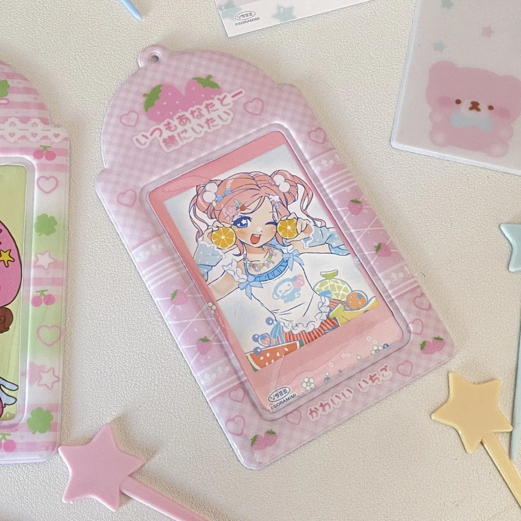 PVC plastic card holder with strawberry plaid pattern measuring 7.6 by 13.6 centimetres