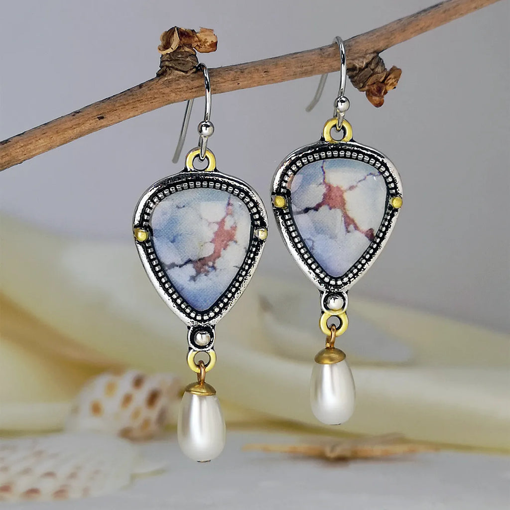 Retro blue Bohemian drop earrings with synthetic opal and pearl geometric design