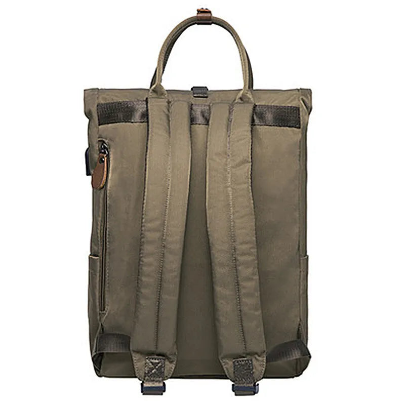 Casual black polyester backpack with cover opening showing internal computer pocket and zipper compartment