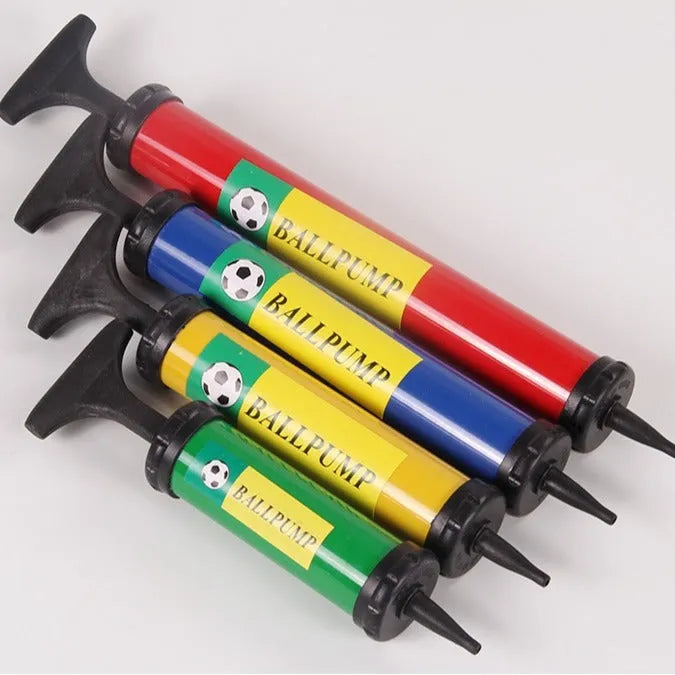 Plastic manual air pump for sports balls in mixed colours showing four size options