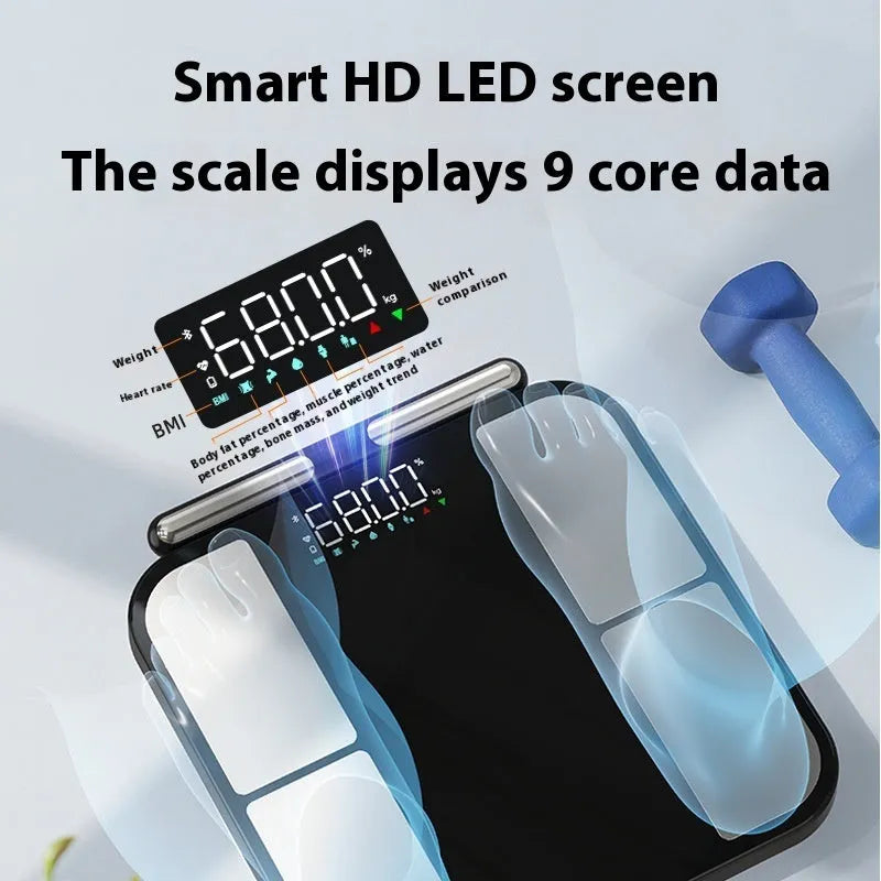 Black tempered glass digital bathroom scale showing body fat percentage on its colour screen.