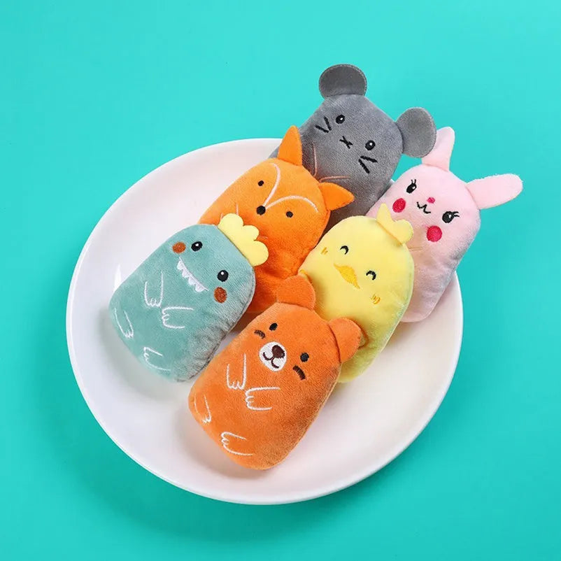 Small brown plush cat toy with a bite-shaped design for chewing and interactive play.