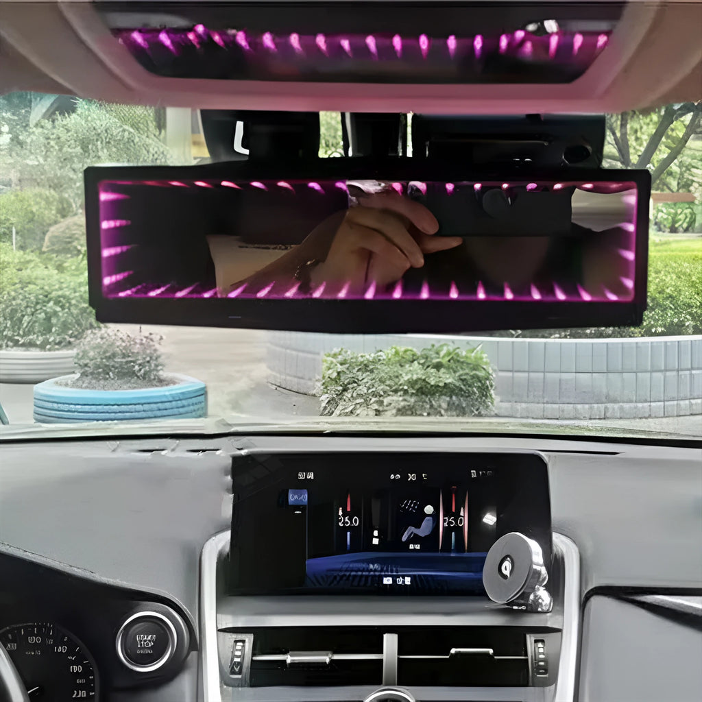 280mm wide flat car rearview mirror with anti-glare coating and coloured night lighting in plastic housing.