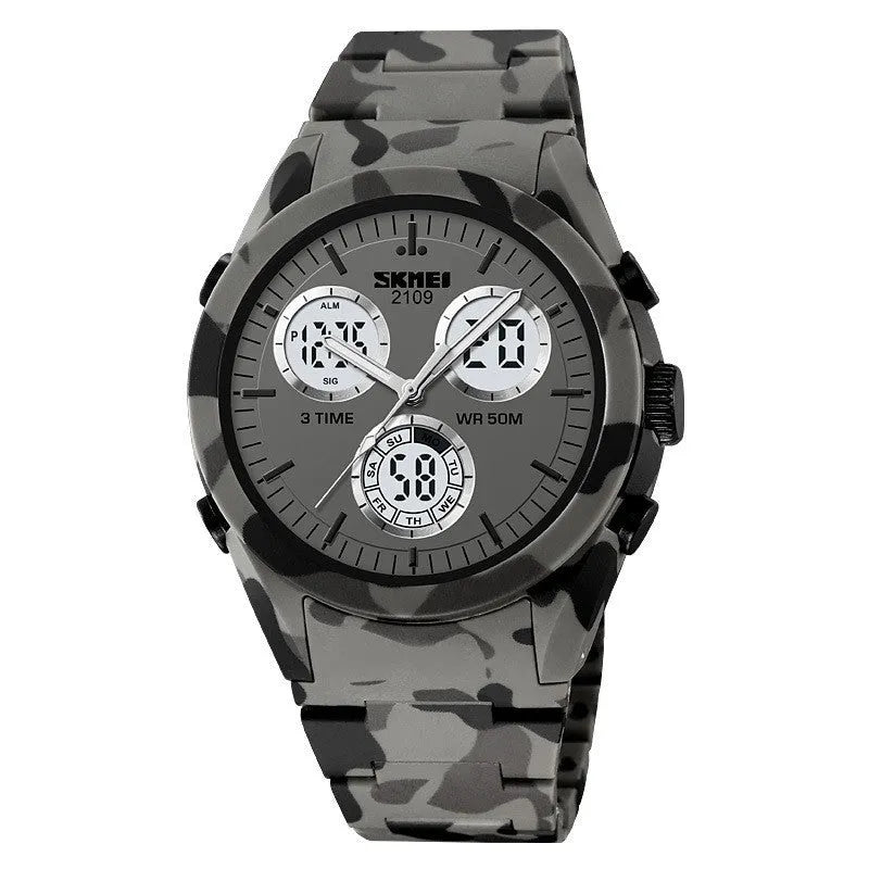 Electronic casual watch with camouflage patterned strap and resin mirror face, showing stainless steel button.