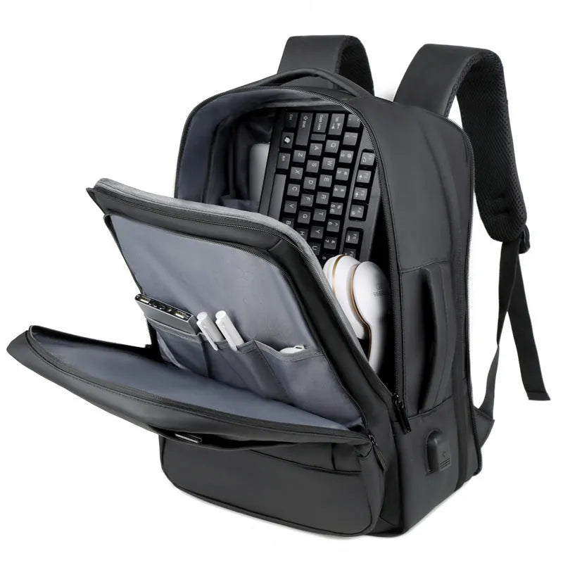Men's waterproof Oxford cloth backpack with curved shoulder straps shown in black colour