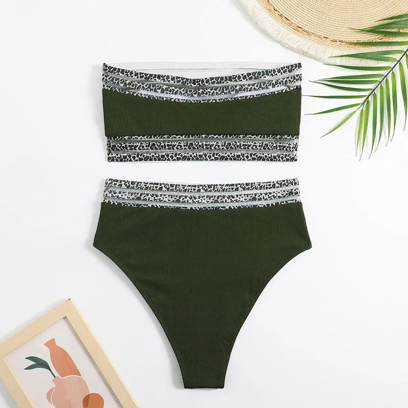 Black strapless bikini set with contrasting leopard print panels on the bra and shorts.