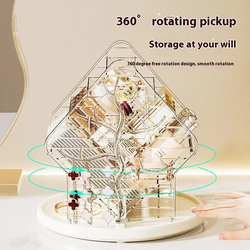 Clear and amber gold rotating cosmetics storage box organiser on a table.
