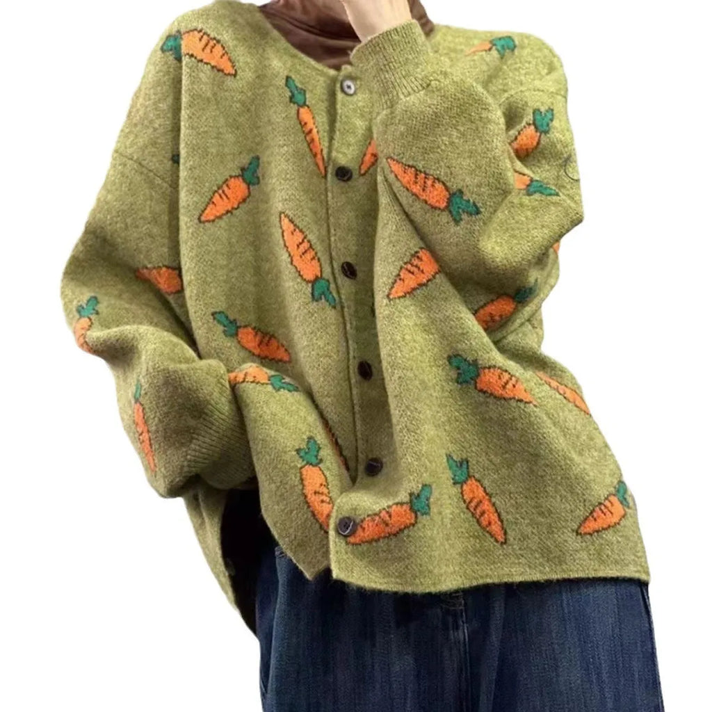 Round neck mori artistic printing cardigan sweater with colour contrast loose casual fit