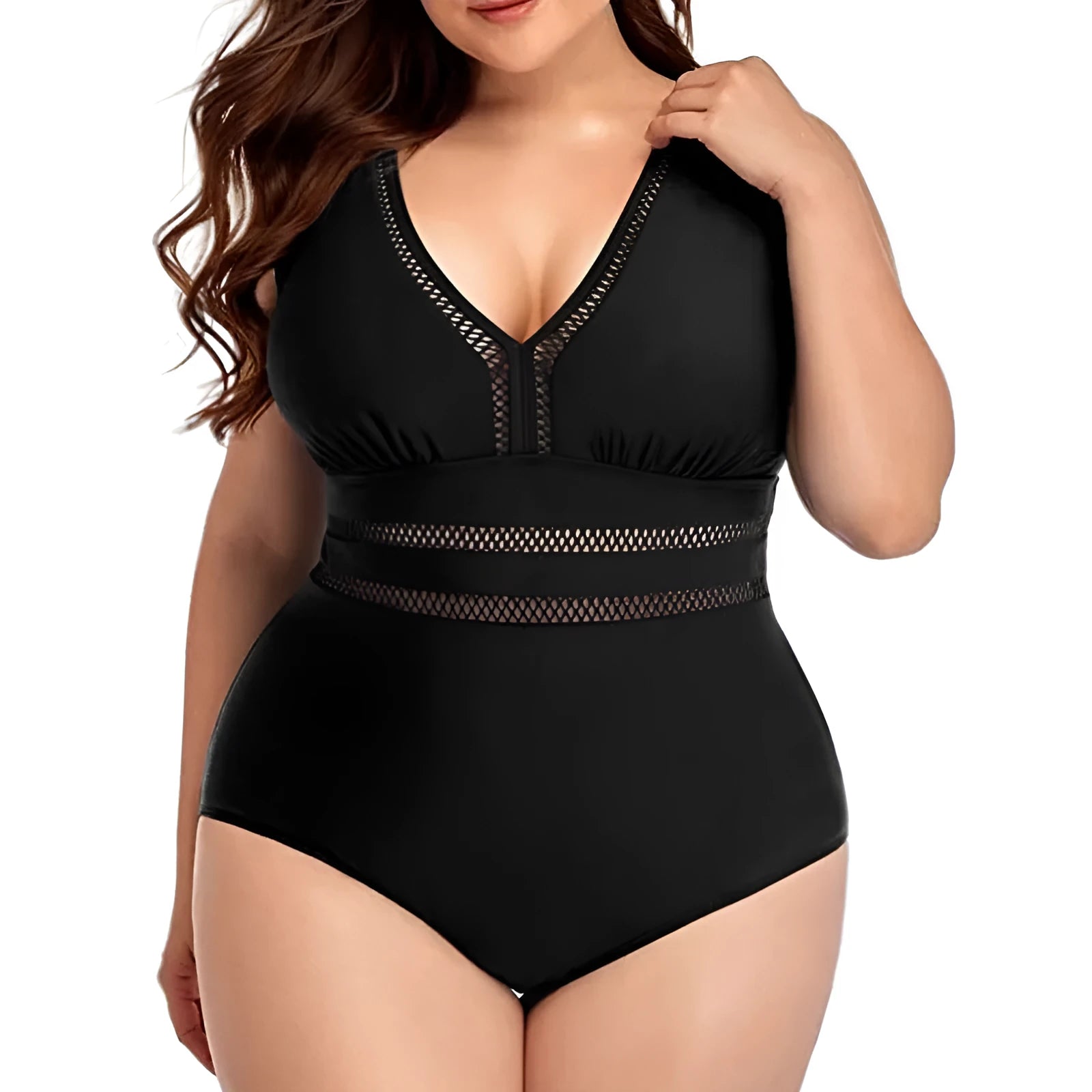 Black printed plus size polyester mesh bikini swimsuit for women on a size chart.