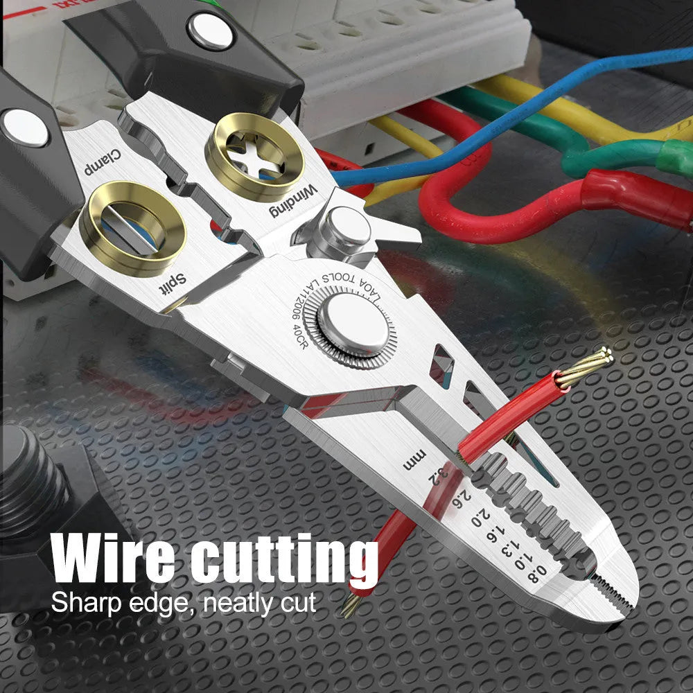 Stainless steel wire stripper tool with seven size markings and a two-colour handle.