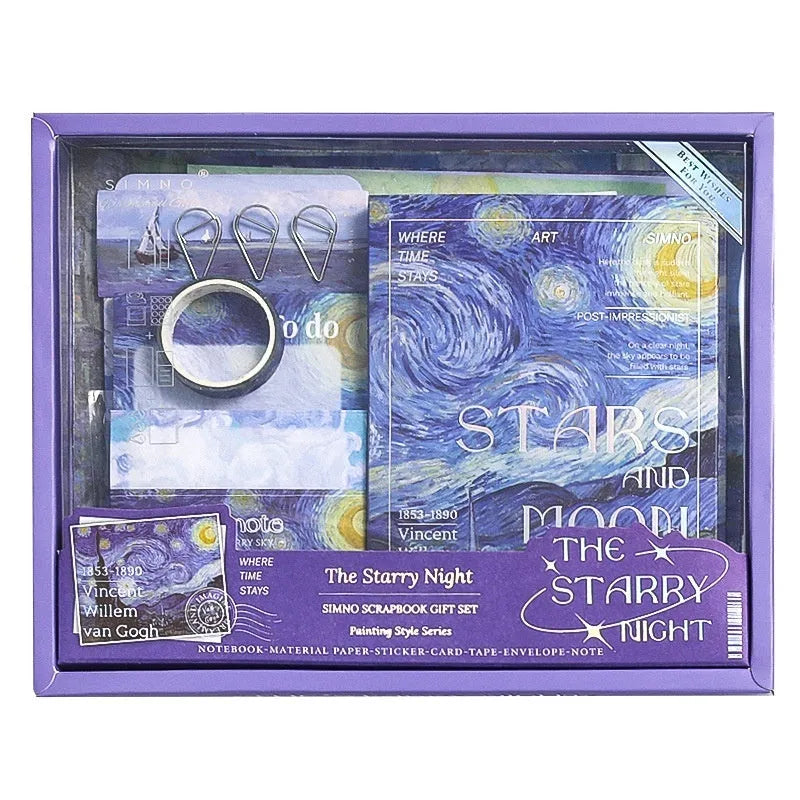A6 grid notebook journal gift box with artistic plaid design including cards, photo frames, stickers, and paper accessories
