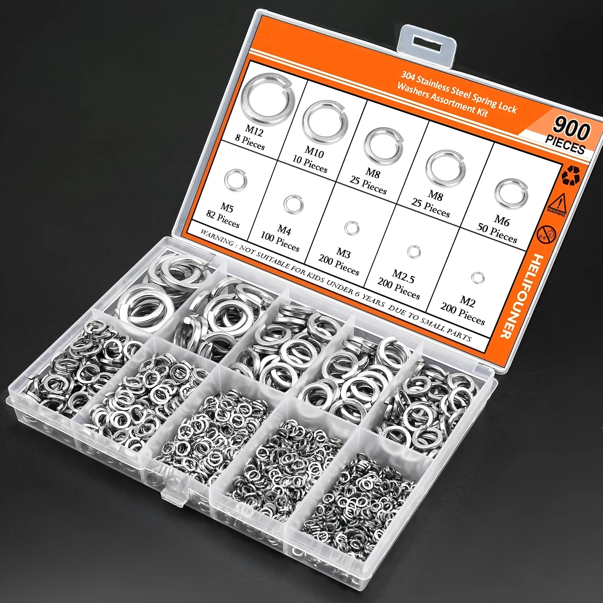 304 stainless steel spring lock washer combination box with 900 pieces for M2 to M12 applications