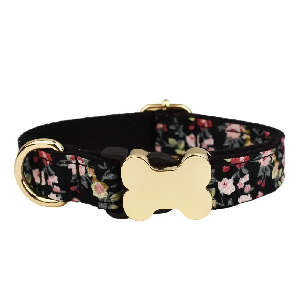 Flat printed grid nylon dog collar with a bone-shaped buckle in assorted colours