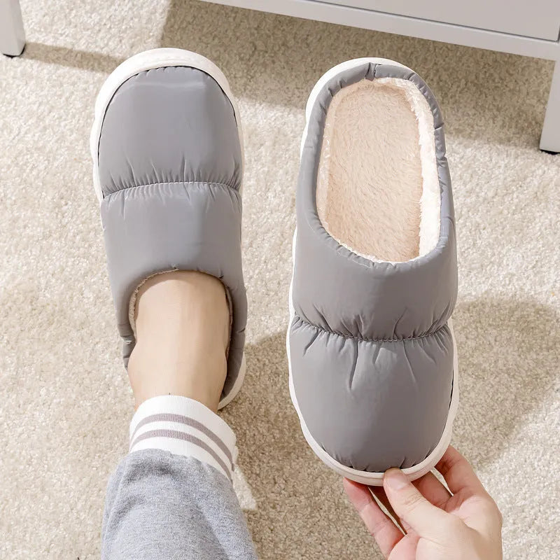 Down cotton plush slippers with thick rubber soles in blue, green, grey, pink, or yellow colours