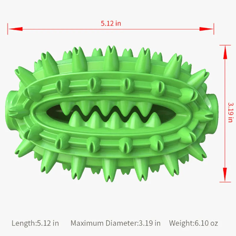 Green cactus-shaped dog chew toy with textured bumps and central food channel for dental cleaning