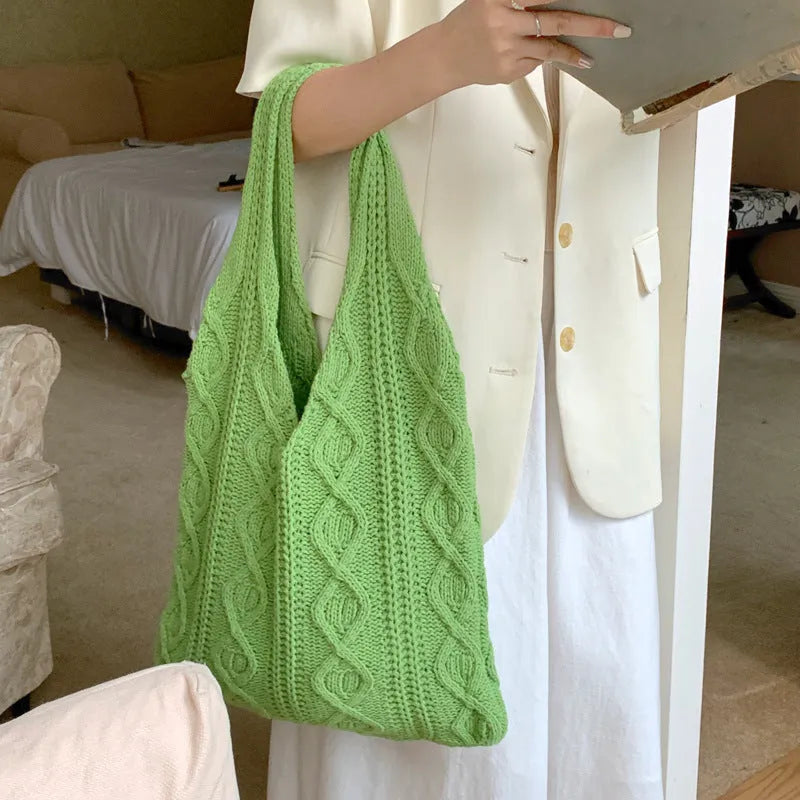 Women's retro crochet shoulder bag in solid colour with double straps and polyester lining