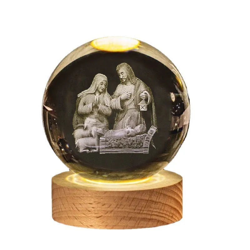 White crystal lamp with 6cm diameter orb on solid wood warm light base showing religious ornamentation
