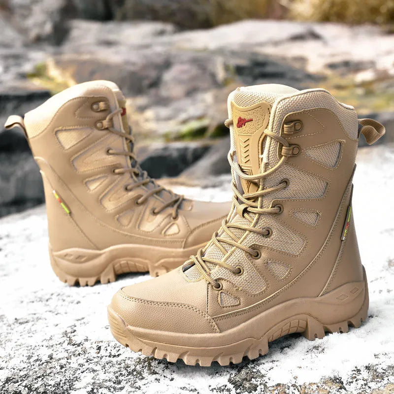 Men's brown cowhide leather hi-top hiking shoes with a platform sole on a rocky outdoor trail.