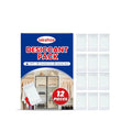 Twelve white calcium chloride desiccant sachets, each 100g, for absorbing moisture in wardrobes and cupboards.
